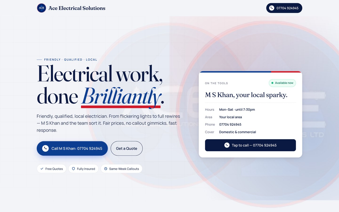 Ace Electrical Solutions website on desktop