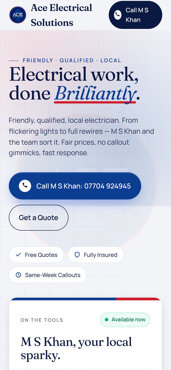 Ace Electrical Solutions website on a phone