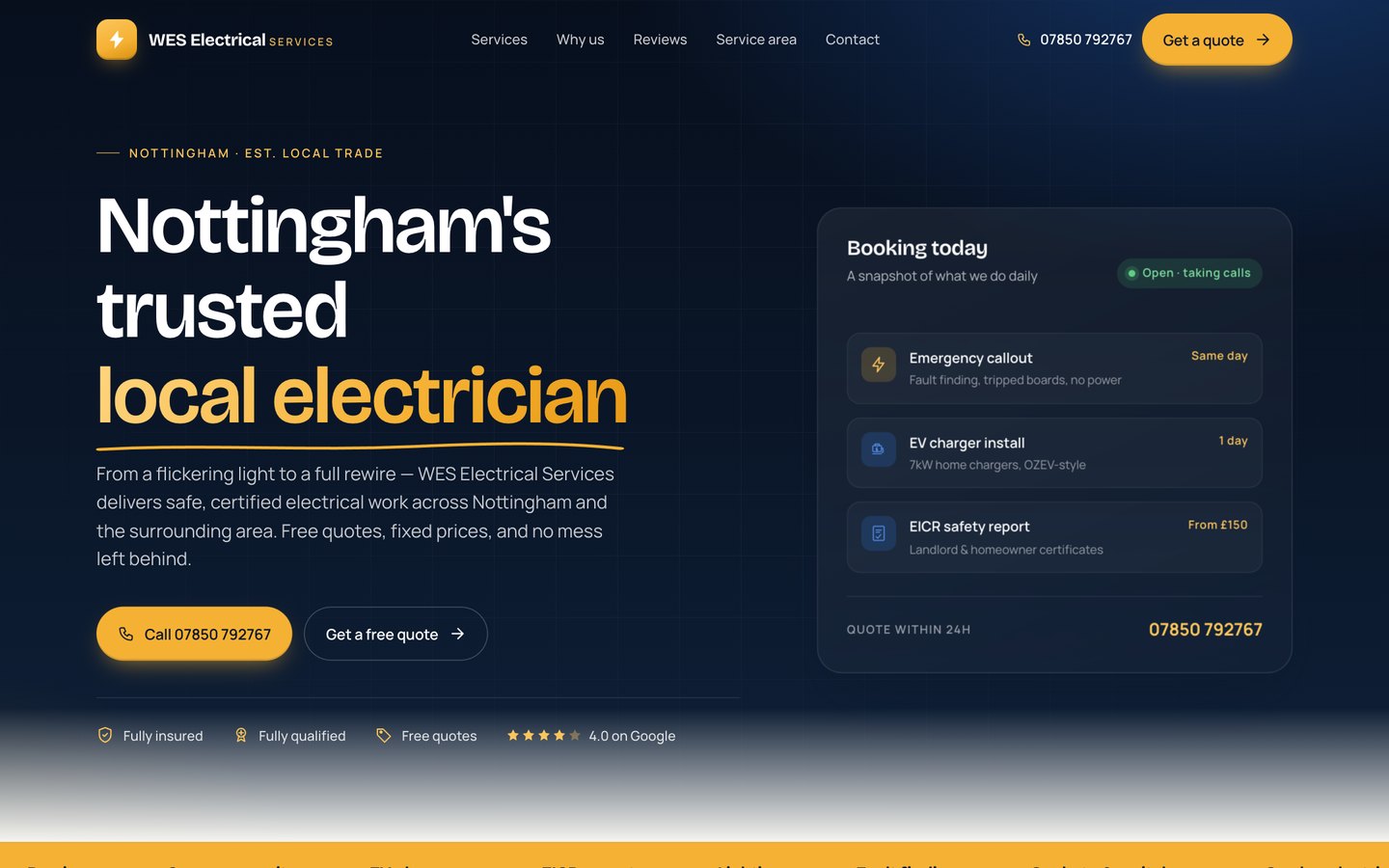 WES Electrical Services website on desktop